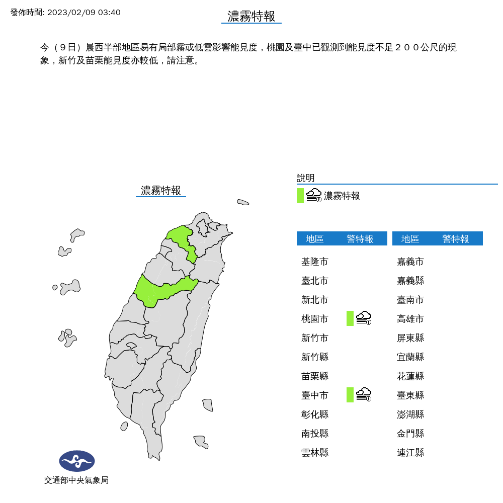 西半部地區易有局部霧或低雲影響能見度,氣象局針對桃園市及台中市發布濃霧特報。(中央氣象局提供)