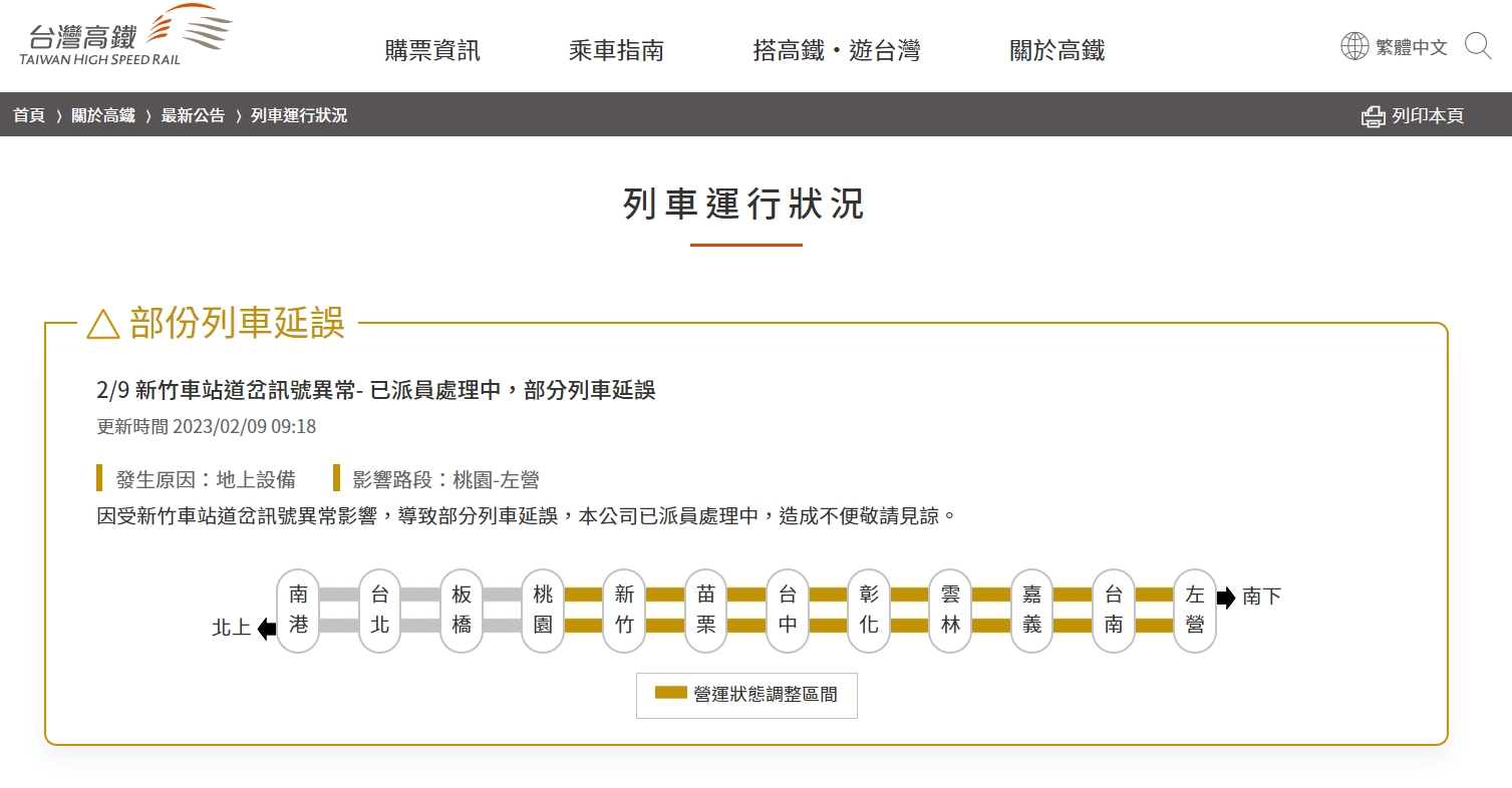 高鐵官網及App今天上午同步對外釋出公告，指目前因竹車站道岔訊號異常，導致部分列車延誤。（翻攝自台灣高鐵官網）
