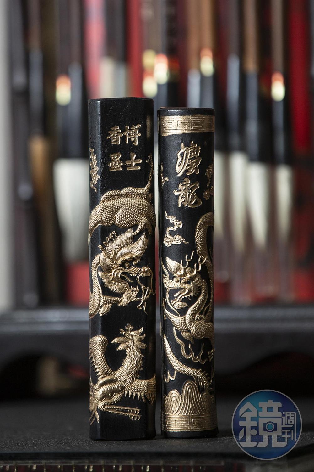 半斤龍鳳套組墨條，除了受到收藏家喜愛，許多法師相信漆上龍的圖騰畫符法力更強，因此購買。（1萬5千元／組）