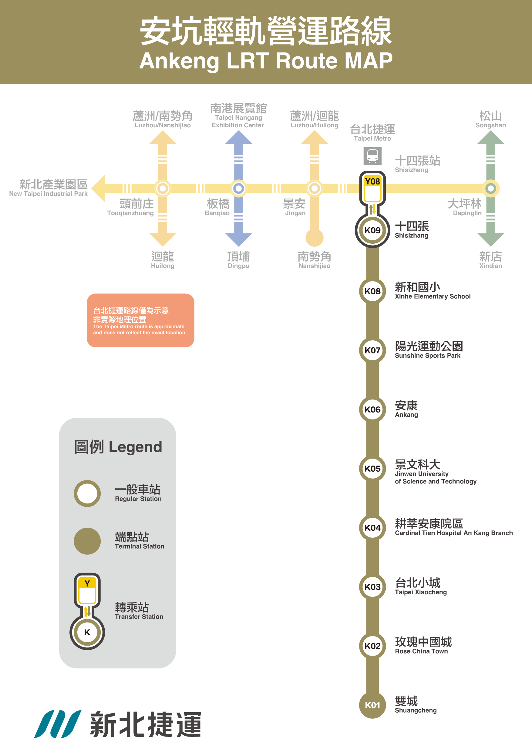 安坑輕軌全線7.5公里,共有9個停靠站,其中K9「十四張站」可與新北環狀線銜接轉乘。(新北捷運提供)