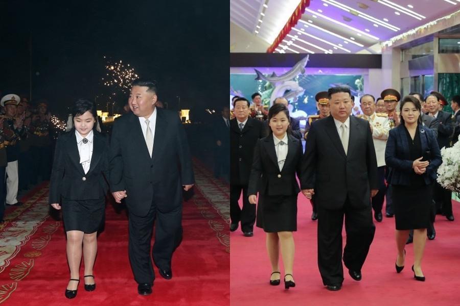 金正恩日前帶著夫人李雪主和女兒金主愛出席北韓人民軍建軍75週年活動。(翻攝自朝中社)