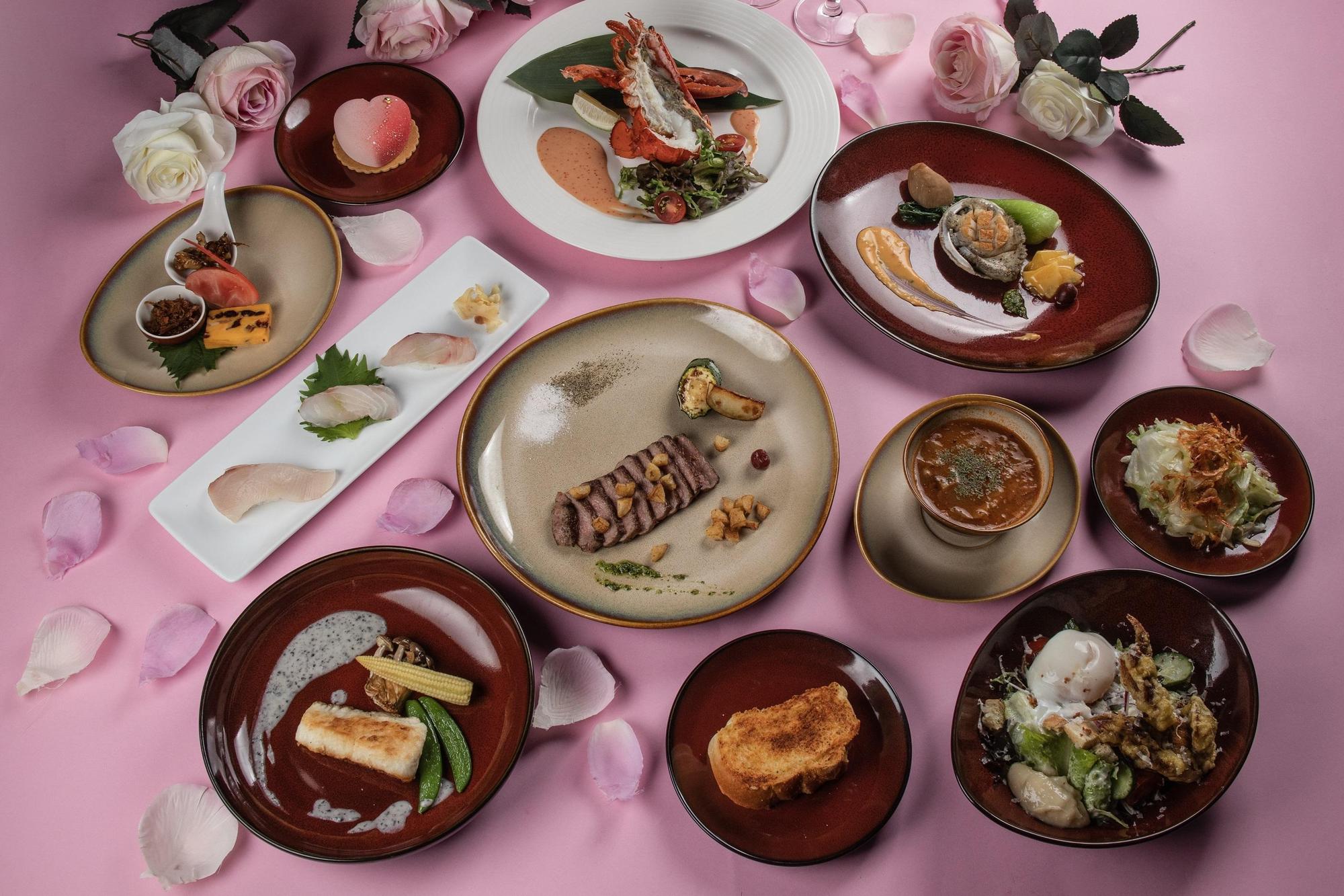 雙人鐵板套餐5,800元，從開胃前菜、湯品、海陸雙主菜、日料、甜品等，13道佳餚，讓兩人共享浪漫食光。（台南大員皇冠假日酒店提供）