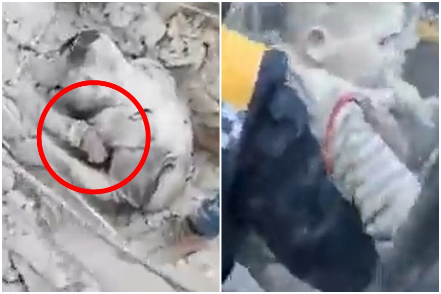 土耳其及敘利亞邊境強震，敘利亞搜救人員就廢墟中救出一名被亡父保護的孩童。（翻攝自推特）