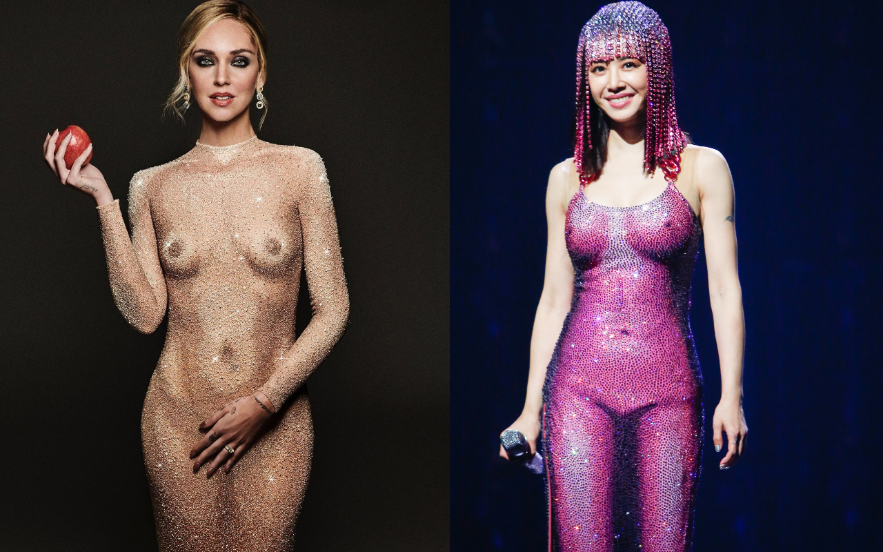 蔡依林（右圖）、義大利網美始祖Chiara（左圖）先後穿上視覺錯位的「三點全露」禮服。（右圖為本刊資料照、左圖翻攝自IG）