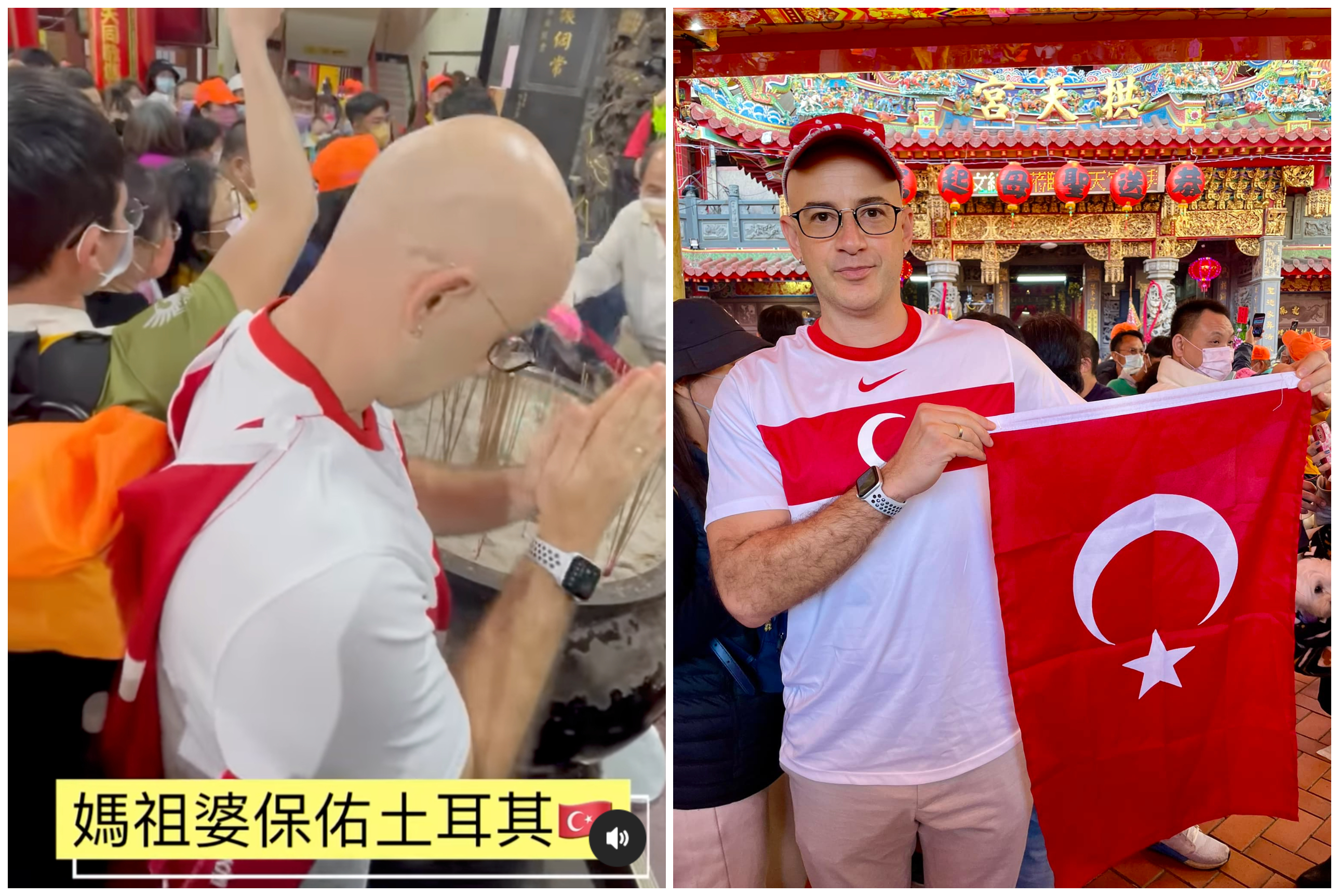 吳鳳白沙屯媽祖進香，為家鄉土耳其求平安。（翻攝吳鳳臉書）