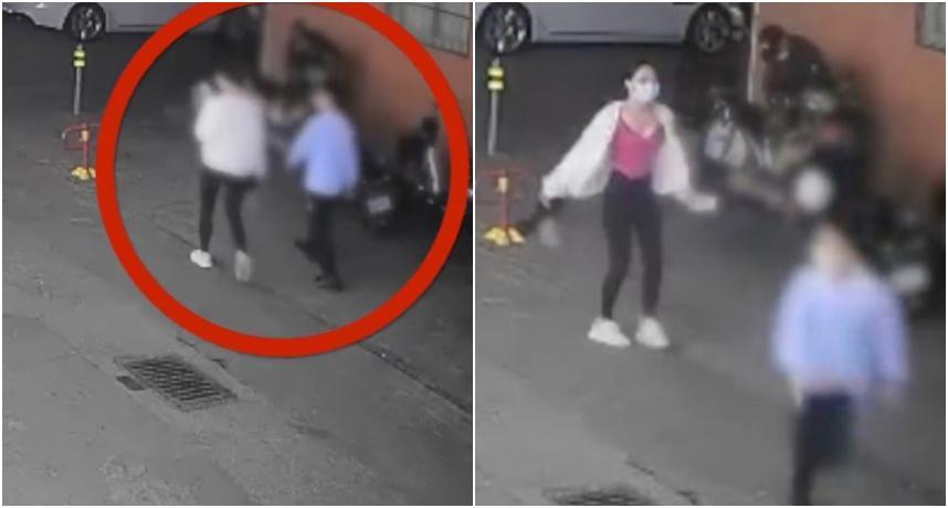 一名年輕女子在大街上遭到一名男童「襲胸」，畫面曝光掀起熱議。（翻攝微博）