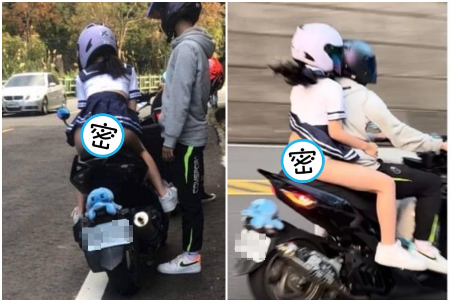 一名騎士身後載著一名穿著水手制服的正妹引發關注。（翻攝自輕檔車俱樂部幹譙版臉書）