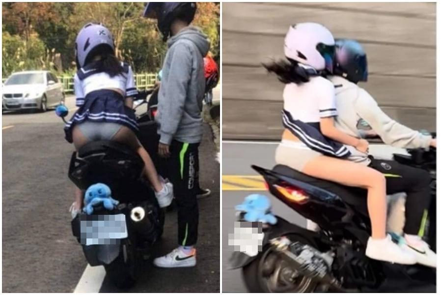 一名騎士身後載著一名穿著水手制服的正妹引發關注。(翻攝自輕檔車俱樂部幹譙版臉書)