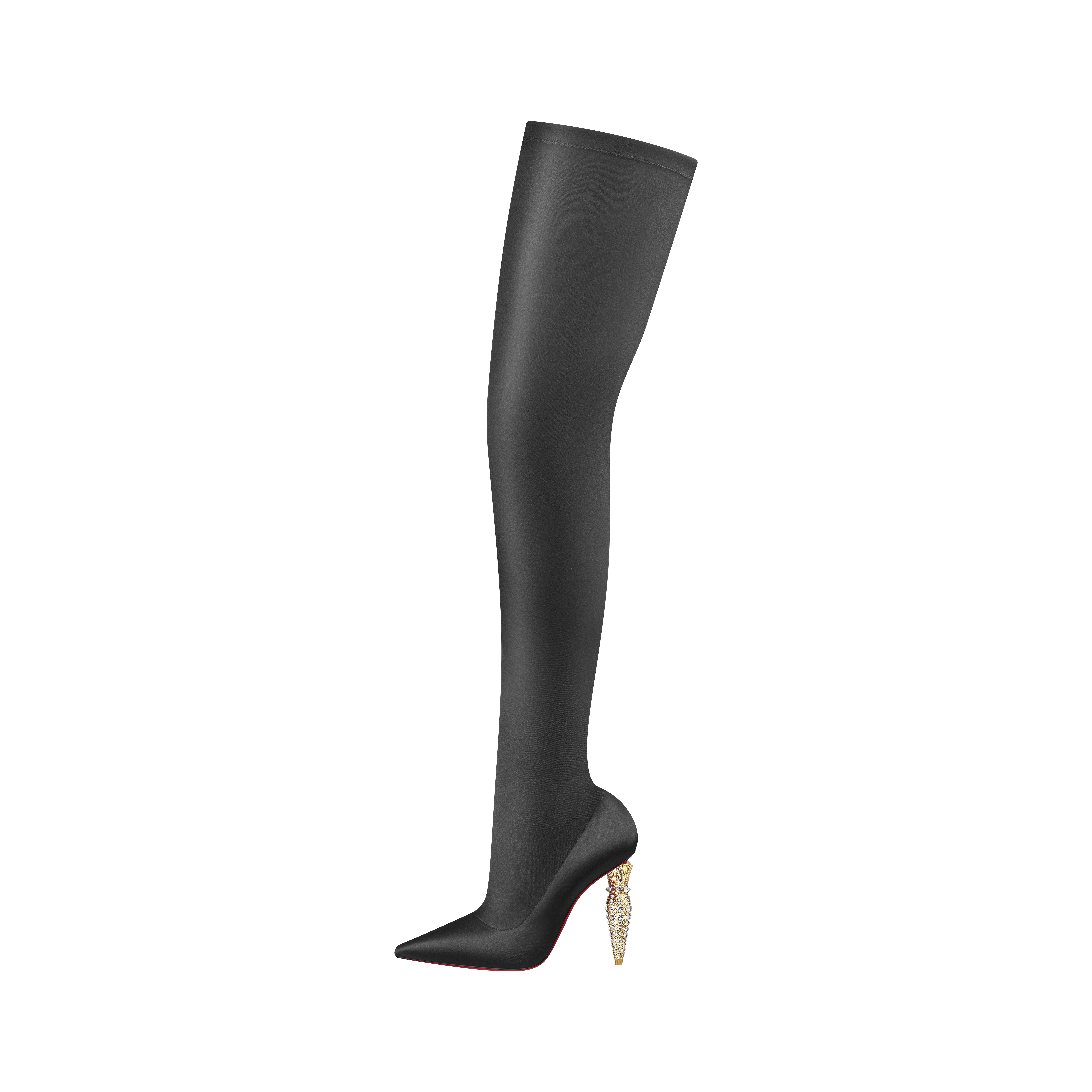 Lipstrass Botta Alta黑色緞面過膝尖頭長靴，NT$128,000。（Christian Louboutin提供）
