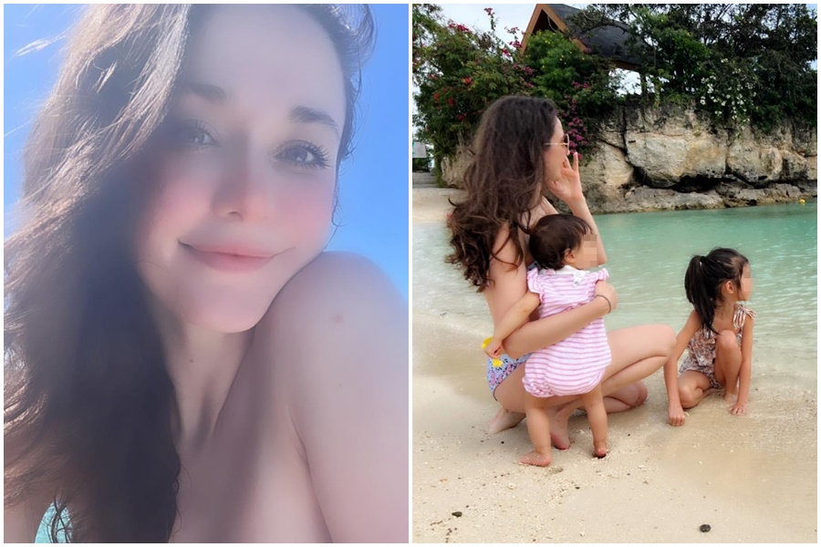 瑞莎在宿霧和孩子們戲水，自拍甜美的樣子彷彿回到少女時光。（翻攝自瑞莎臉書）