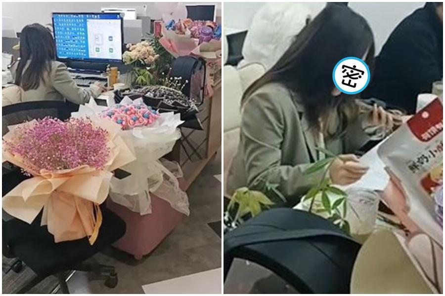 一名正妹OL情人節收到的禮物擠滿辦公室，甚至「有些禮物還在路上」，讓同事們知道後超傻眼。（翻攝自微博）