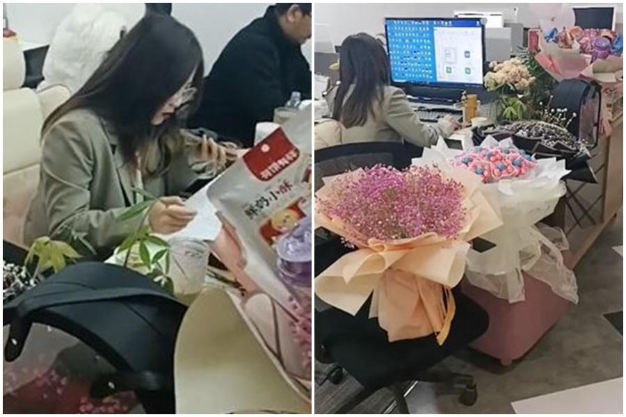 一名正妹OL情人節收到的禮物擠滿辦公室，甚至「有些禮物還在路上」。（翻攝自微博）