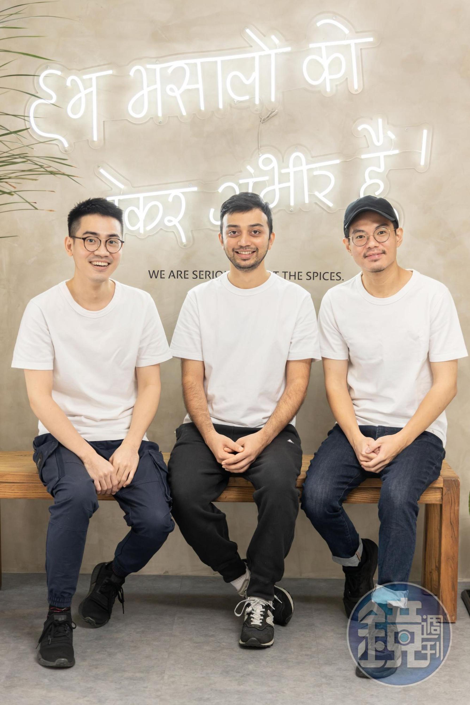 3位老闆李鈺翔（左起）、Gandhi Chirag、趙文榮各司其職，還當起小農，種植餐廳所需的部分蔬菜。