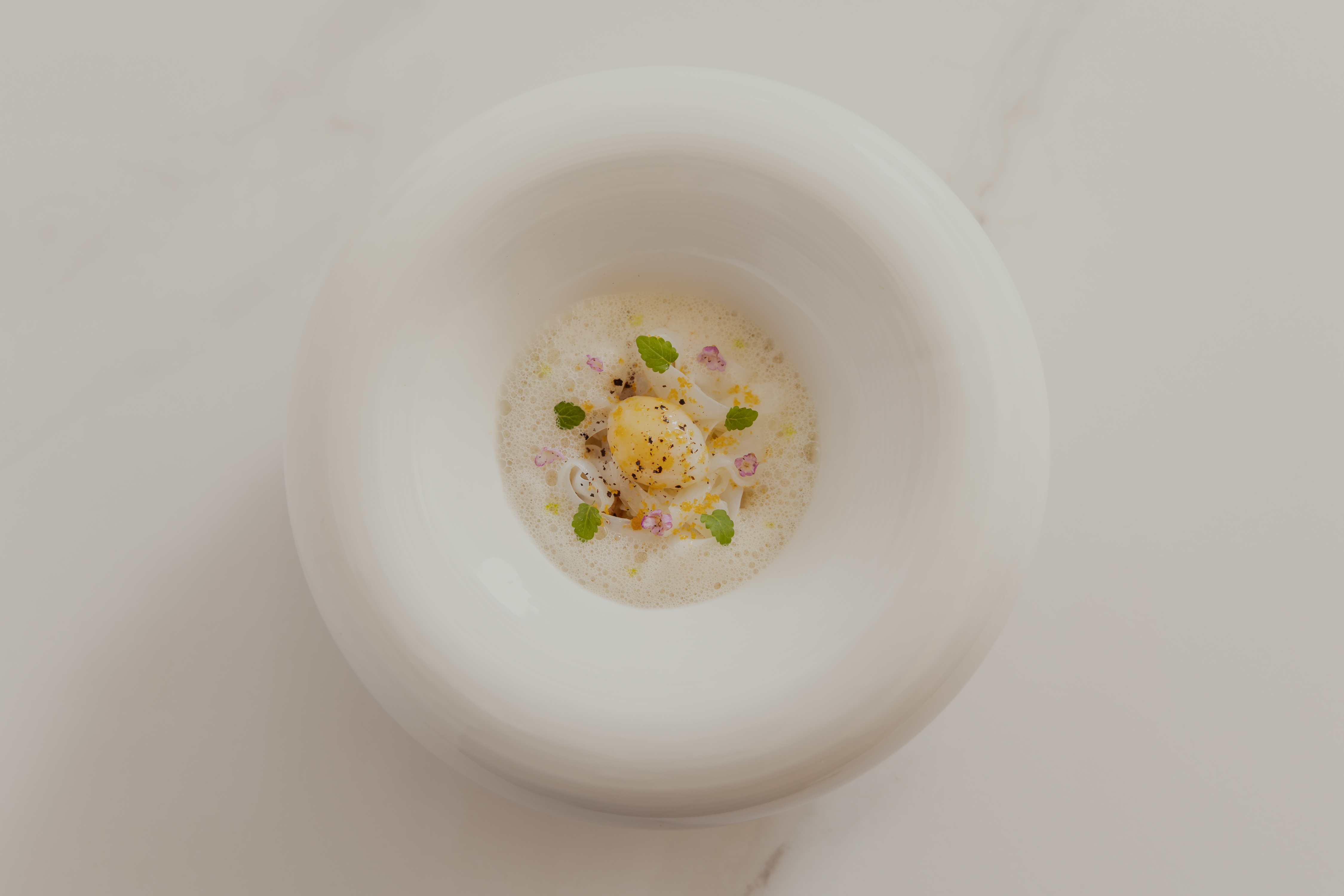 「永續海鮮」變化自培根蛋黃麵,用繁衍速度快的中卷製成麵條,濃郁鮮彈。(The Seedin Lab提供)