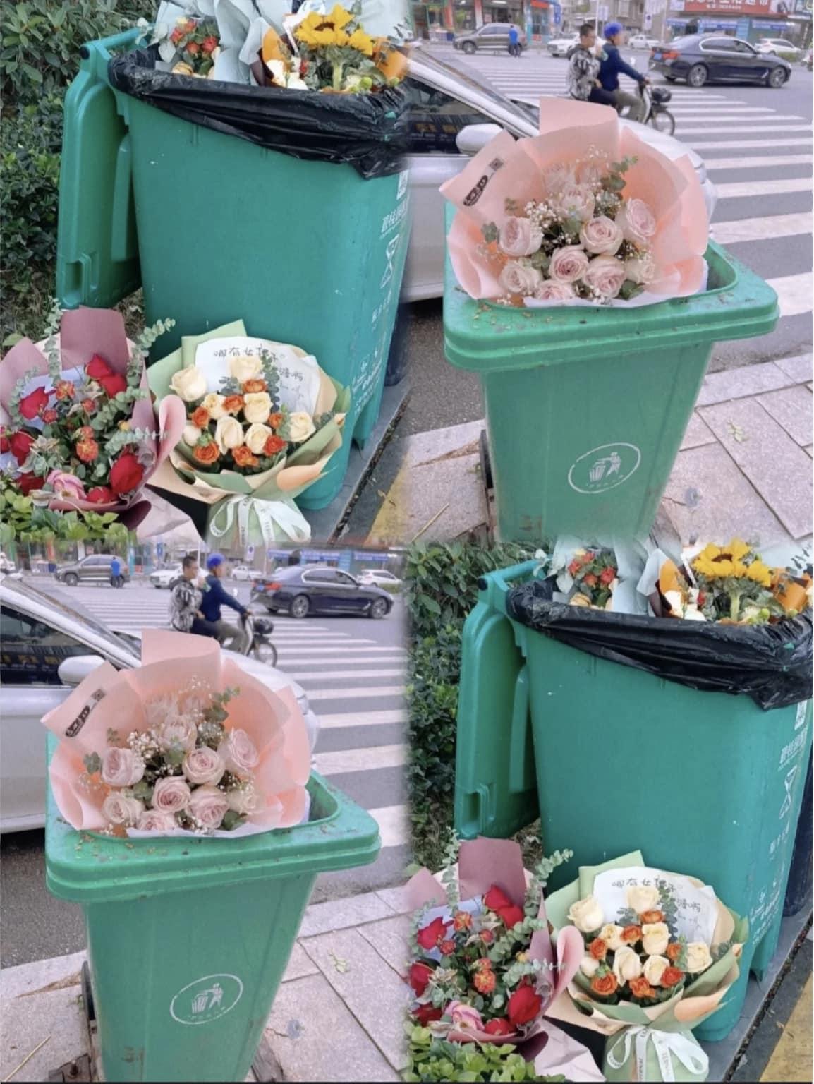 一束束美麗的鮮花被丟進垃圾桶。(翻攝自Big City遠東巨城購物中心臉書)