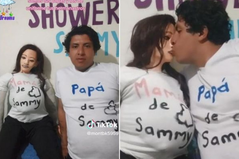 一名哥倫比亞男子把塑膠娃娃當作未婚妻，在鏡頭前熱吻她。（翻攝抖音@montbk5959）