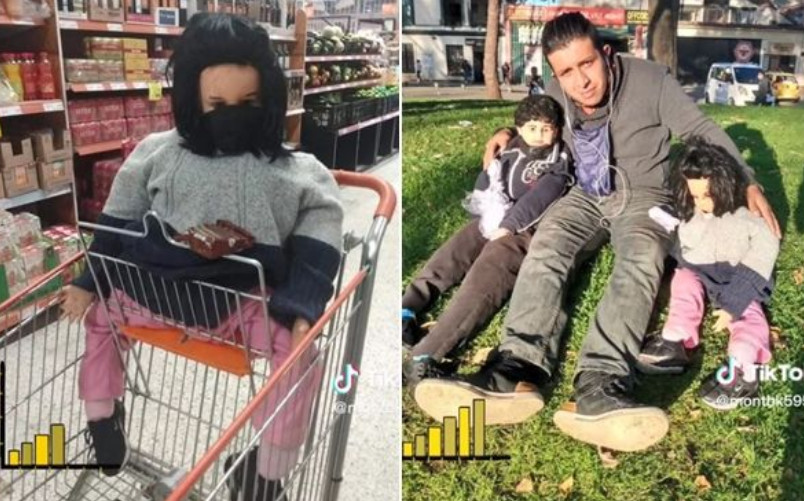 男子將2個小娃娃視作他與娃娃未婚妻生的小孩，還會帶他們外出玩。（翻攝抖音@montbk5959）
