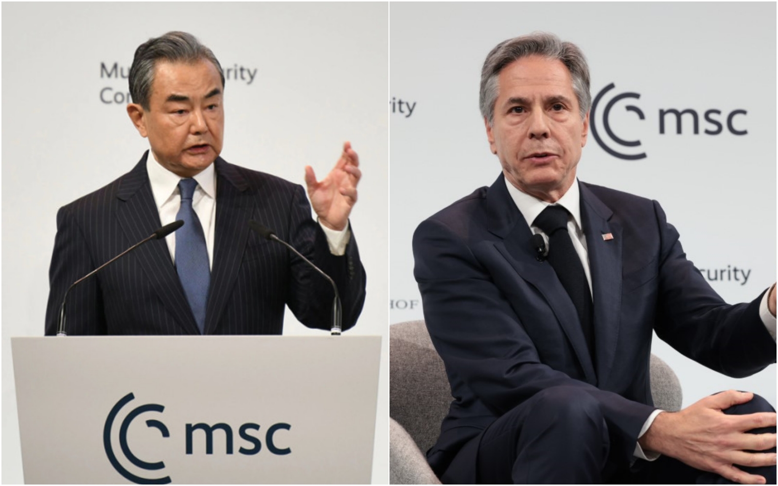 王毅(左)聲稱要美國正視濫用武力對中美關係造成的損害,布林肯(右)則警告中國不能再有侵犯美國主權的行為發生。(翻攝自中國外交部/美國國務院臉書)