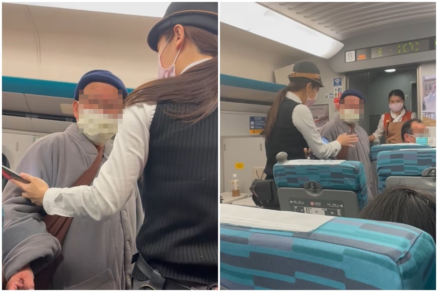高鐵乘客爆料17日在車廂上遇到一名疑似為尼姑的阿婆，對著他方狂咒罵。（翻攝自臉書「爆料公社」）