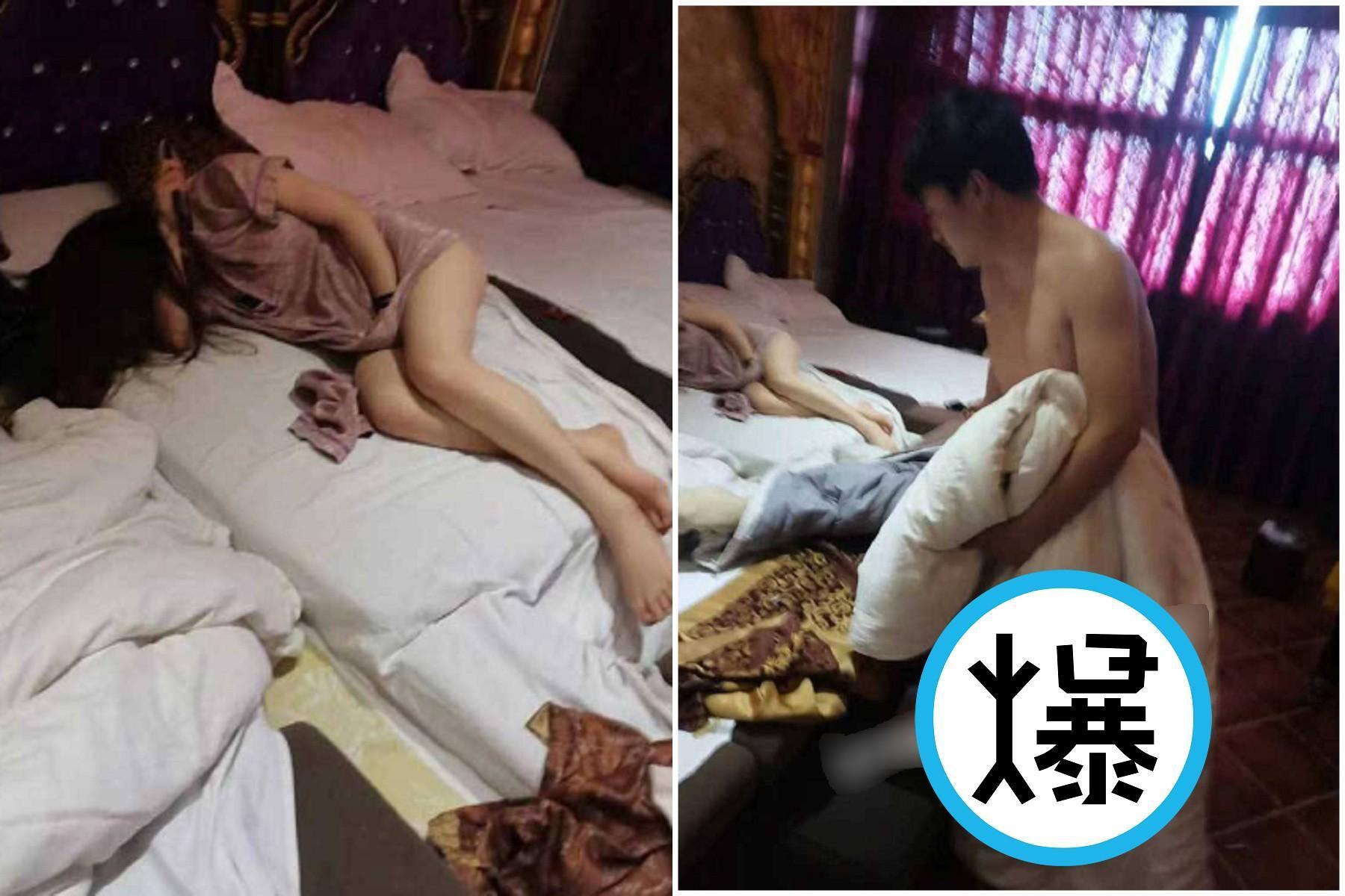 男出軌到按摩店跟小三滾床,結果被正宮捉姦在床。(翻自微博)