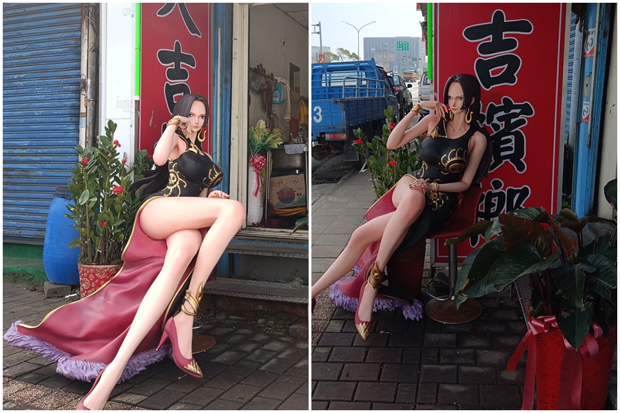 檳榔攤前一尊真人比例的女帝公仔，在臉書引起討論。（翻攝自路上觀察學院）