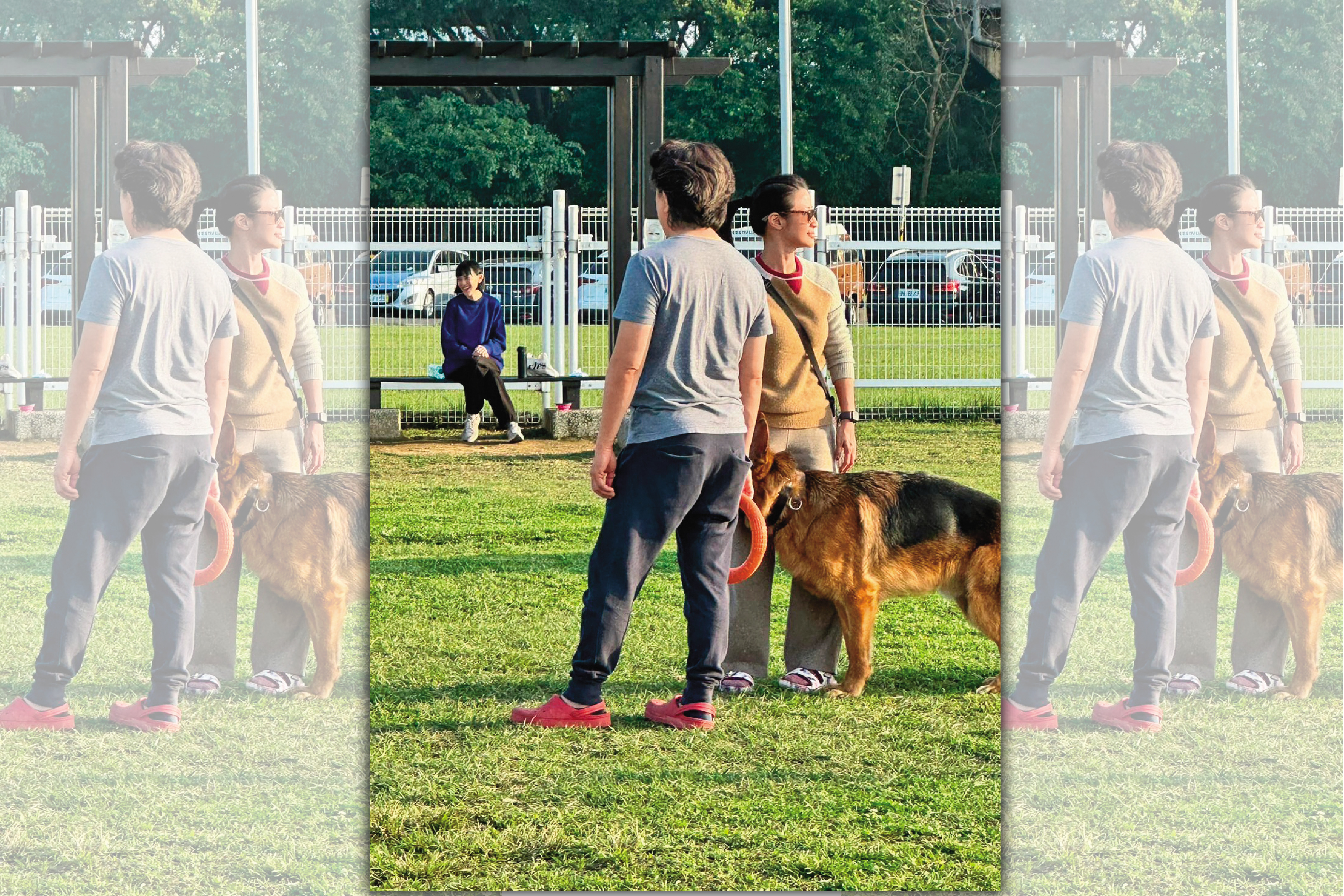 2/12 李蒨蓉穿拖鞋遛狗，老公也是一身輕便，感覺相當居家。（讀者提供）