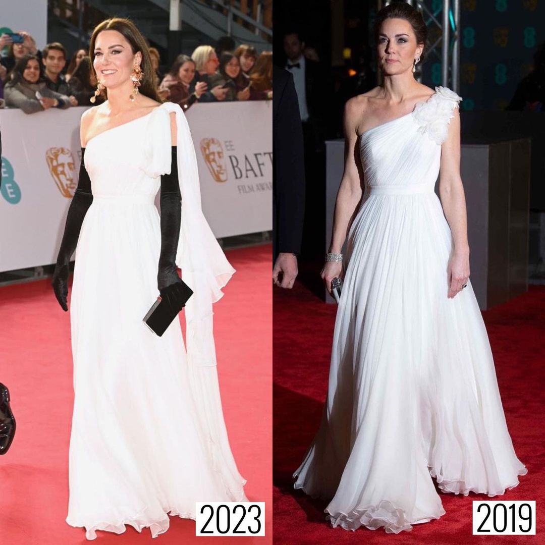 凱特王妃2019年也穿過同一件的禮服亮相BAFTA（右圖），這次在肩部細節上做改造（左圖）。（翻攝royalfashionpolice IG）