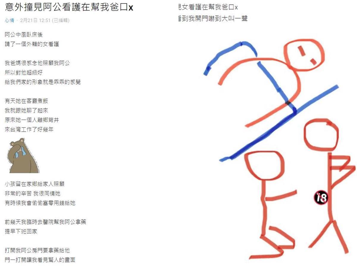 一名男子透露阿公的看護拿錢替爸爸口交。（翻攝自Dcard）