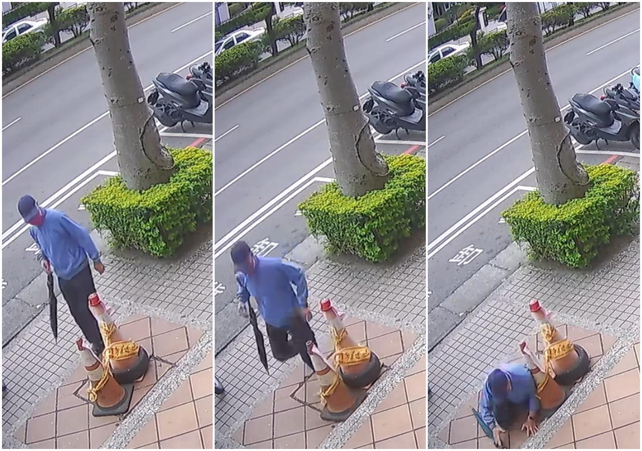 桃園市有位阿北看見人行道上擺放2個三角錐警示,他卻無視將三角錐亂踢開,結果自己的左腳瞬間跌進坑洞內。(翻攝自路上觀察學院)