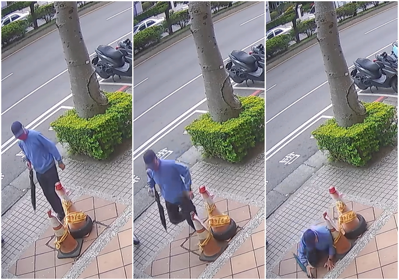 桃園市有位阿北看見人行道上擺放2個三角錐警示，他卻無視將三角錐亂踢開，結果自己的左腳瞬間跌進坑洞內。（翻攝自路上觀察學院）