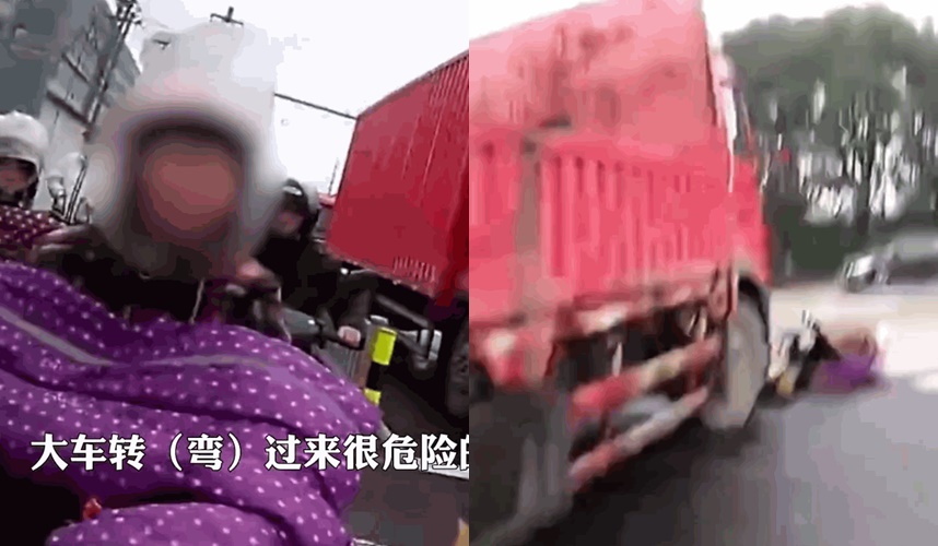 綠燈一亮,勇者大媽立刻騎車衝出遭右轉的大貨車撞上。(翻攝微博)
