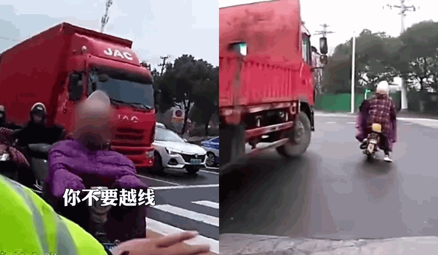 大媽不聽交警的勸告「越線等紅燈」,下秒慘遭撞上捲入大貨車底部。(翻攝微博)