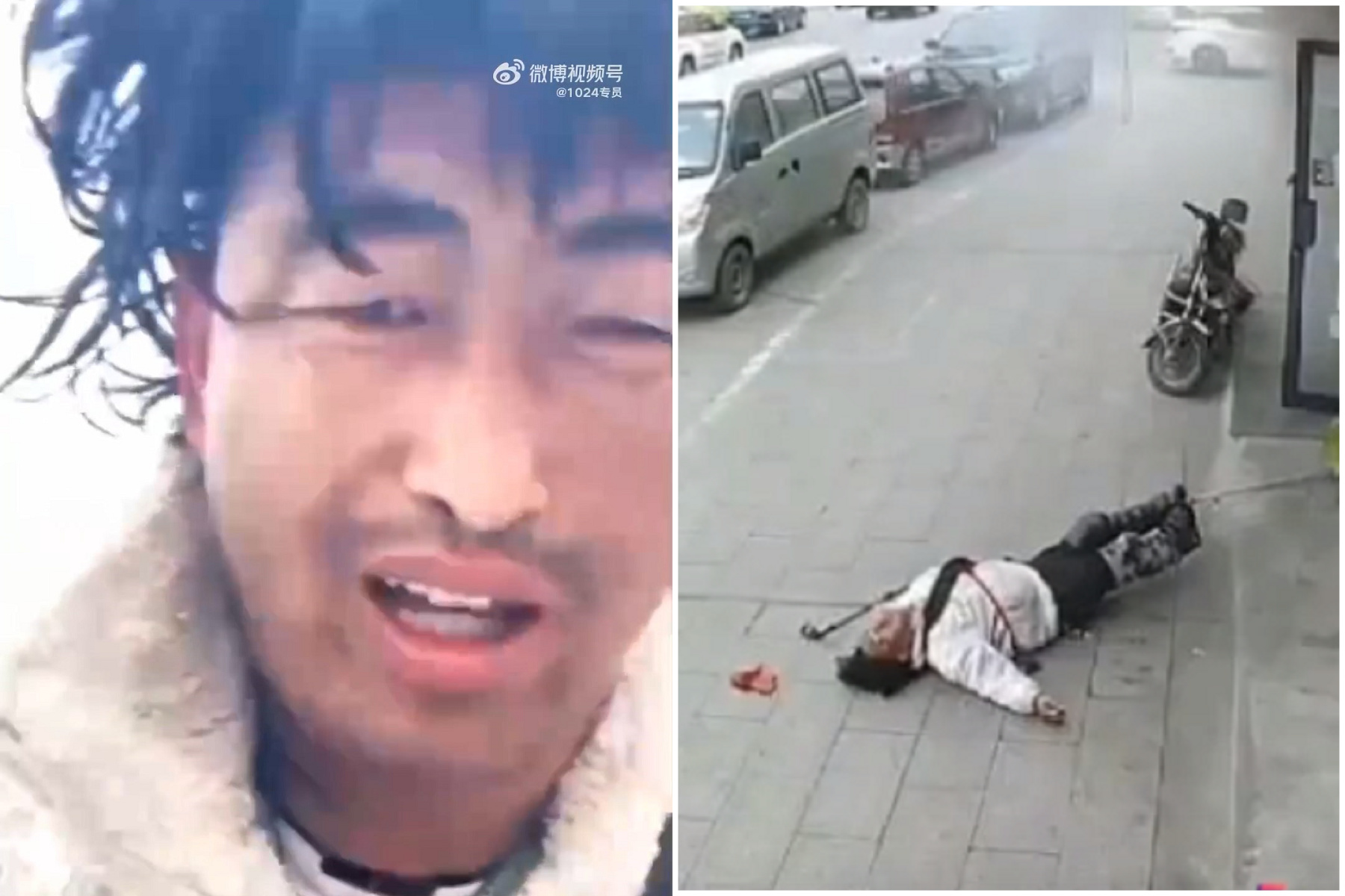 網紅扮乞丐賺流量悲劇了！一開門討食即遇氣爆被炸飛，倒地抽搐生死難料。（翻自微博）