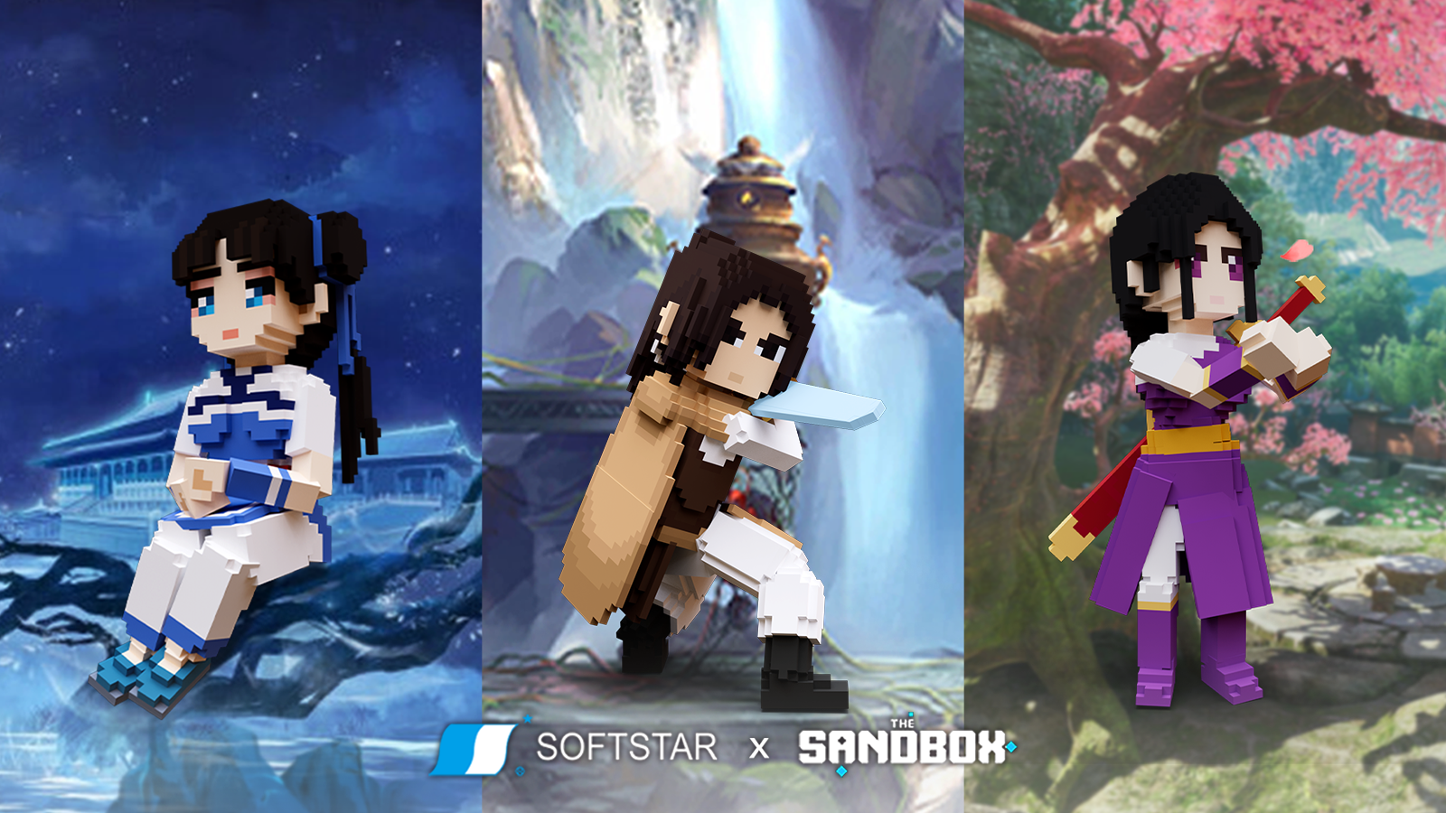 大宇在《The Sandbox》中重現《仙劍奇俠傳》的經典角色,玩家可以與趙靈兒(左起)、李逍遙和林月如一起冒險。(大宇資訊提供)