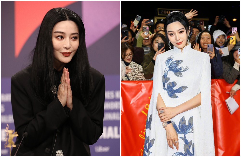 范冰冰憑新電影《綠夜》走上柏林影展紅毯（右圖），並出席記者會（左圖）。（翻攝微博）