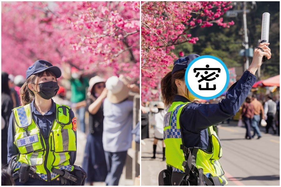 市政府警察局局長室宣導泰安櫻花季交管資訊，卻因貼文照片中的女警讓大批網友歪樓。（翻攝自TCPB 局長室臉書）