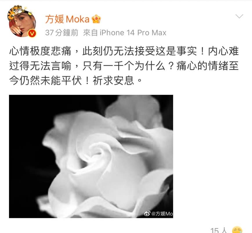 閨密蔡天鳳慘遇害，方媛悲痛發聲。（翻攝方媛微博）