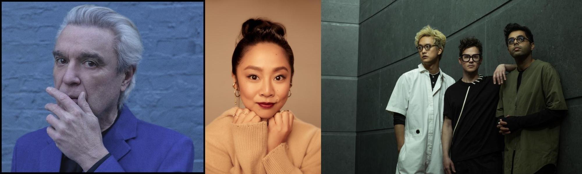 大衛拜恩（左起）、許瑋倫、電子音樂團體3人組Son Lux，一起在奧斯卡頒獎典禮上演出。（Shervin Lainez、Johnny Marlow、Jes Nijer攝）