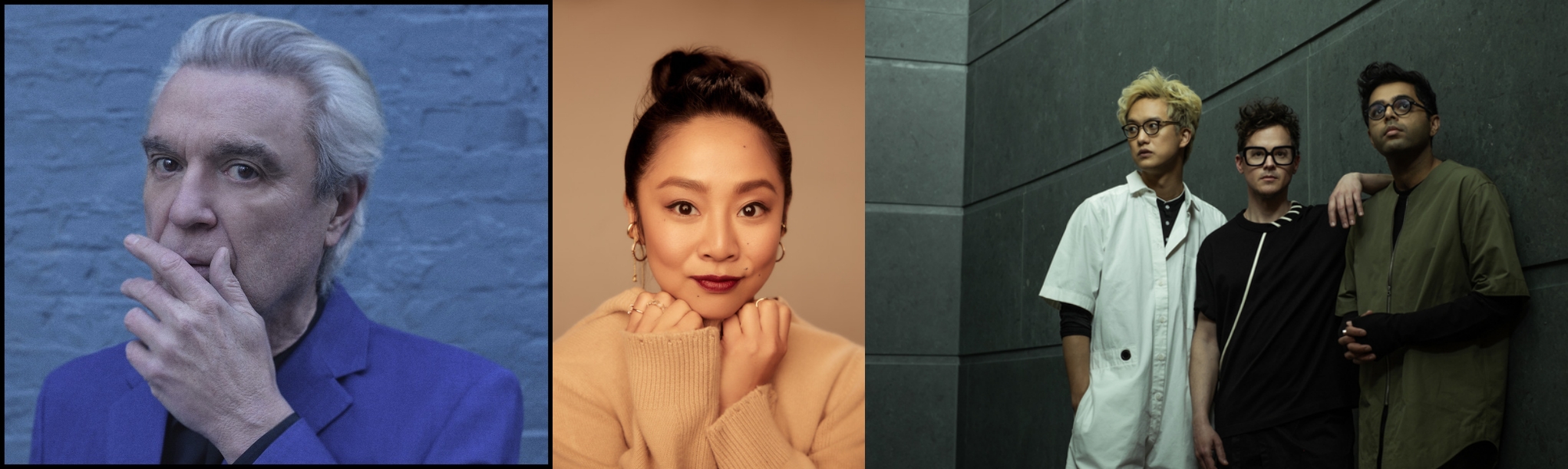 大衛拜恩(左起)、許瑋倫、電子音樂團體3人組Son Lux,一起在奧斯卡頒獎典禮上演出。(Shervin Lainez、Johnny Marlow、Jes Nijer攝)