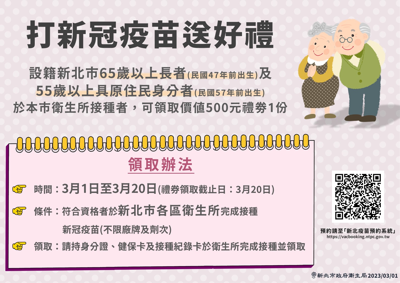 新北市長者打疫苗領取500元禮劵措施由原本3月1日延長至3月20日。(新北衛生局提供)