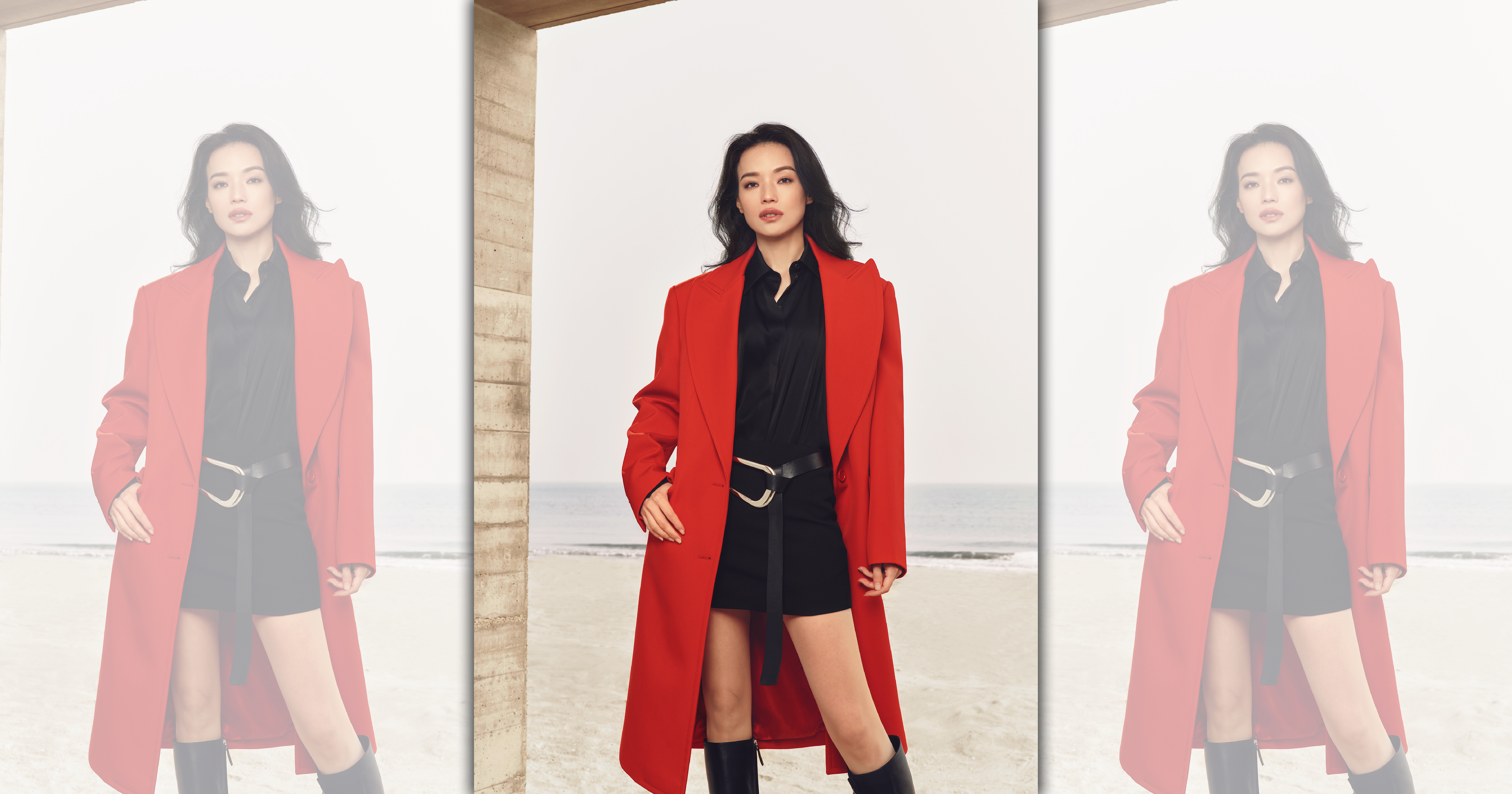 身為全球代言人的舒淇，身穿Michael Kors Collection 2023春夏系列：罌粟紅大衣 NT$105,400、黑色寬鬆襯衫NT$31,700、黑色直筒短裙NT$22,100、ANGELINA黑色牛皮腰封NT$16,800。（MICHAEL KORS提供）