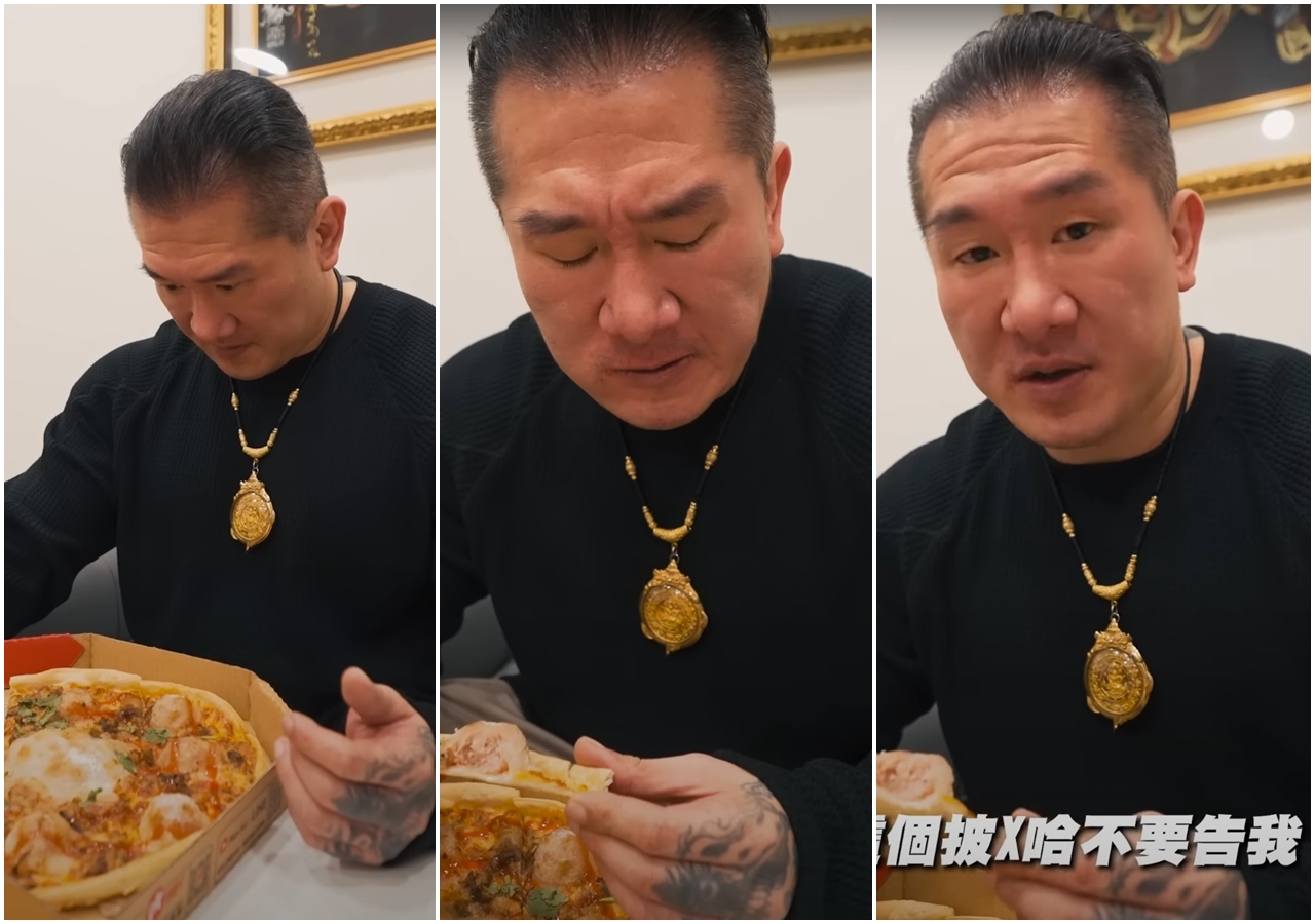 館長試吃「肉圓比薩」，才咬下一口臉色立刻大變，他還露出疑惑的表情直呼「必勝客不要告我」。（翻攝自館長惡名昭彰YouTube頻道）