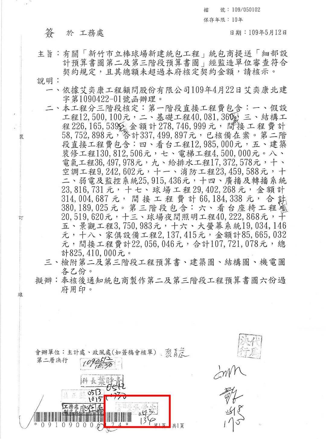 李國璋在直播節目秀出2件公文,明確顯示2020年5月,時任工務處長的吳堂安簽核棒球場細部設計預算書圖與工程預算書。(市議員李國璋提供)