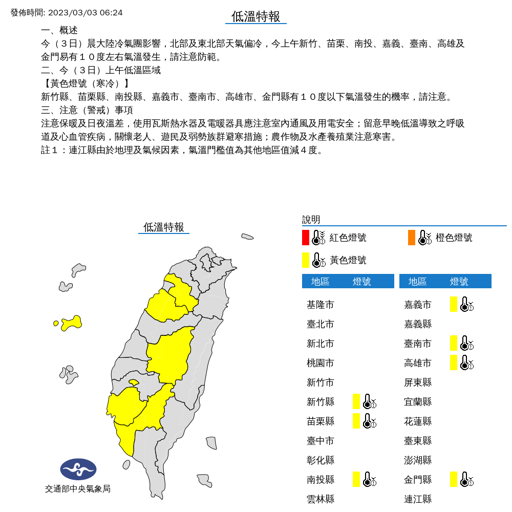氣象局清晨針對7縣市發布「低溫特報」,提醒這些地區易有10度以下氣溫發生的機率。,(中央氣象局提供)