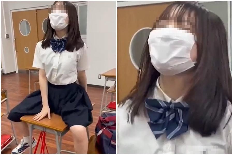 日本網友分享一段女高中生惡作劇的短片,因內容過於敏感遭到推特與抖音下架。(翻攝自推特)