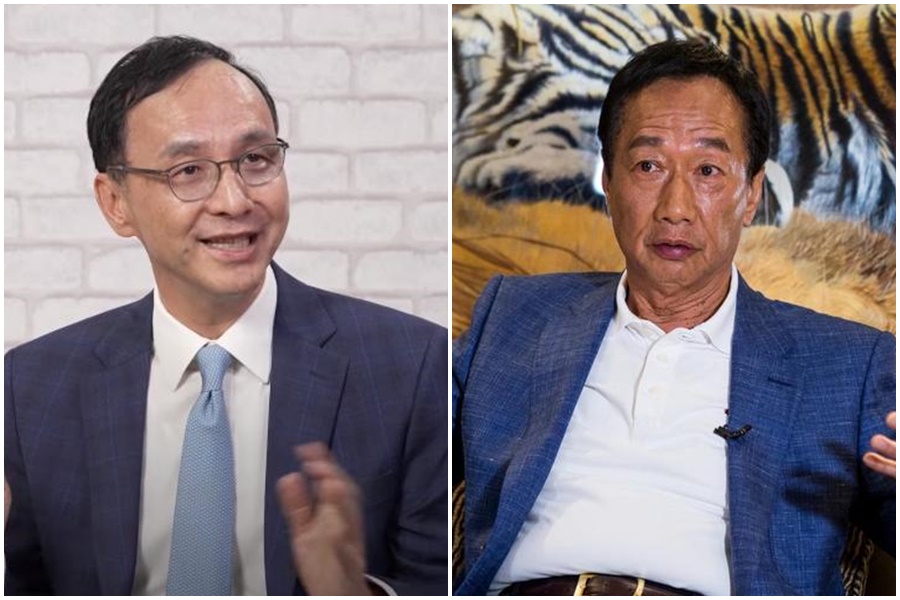 對於郭台銘（右）出聲力挺南投立委補選國民黨候選人，朱立倫（左）表示相當樂見。（左圖翻攝自德國之聲臉書，右圖本刊資料照）