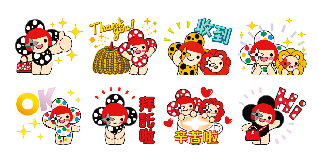 路易威登x草間彌生限定貼圖，品牌吉祥玩偶Vivienne以紅色齊瀏海短髮造型現身。（路易威登提供）