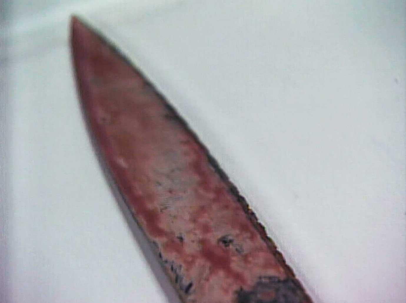 汪萬寶刺殺吳姓合夥人一家的生魚片刀（圖）染滿血跡，被警方查扣。（東森新聞提供）