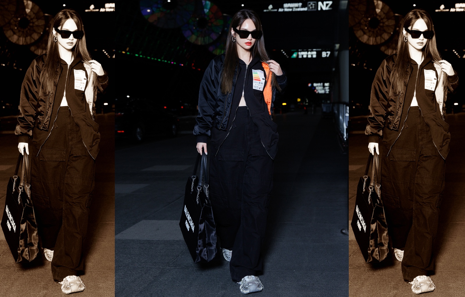 楊丞琳身穿BALENCIAGA 2023夏季最新黑色帽衫、黑色飛行外套搭配黑色工作褲，手上的Duty Free Large Tote Bag黑色托特包NT$78,150、3XL Sneaker仿舊運動球鞋 NT$34,650。（BALENCIAGA提供）