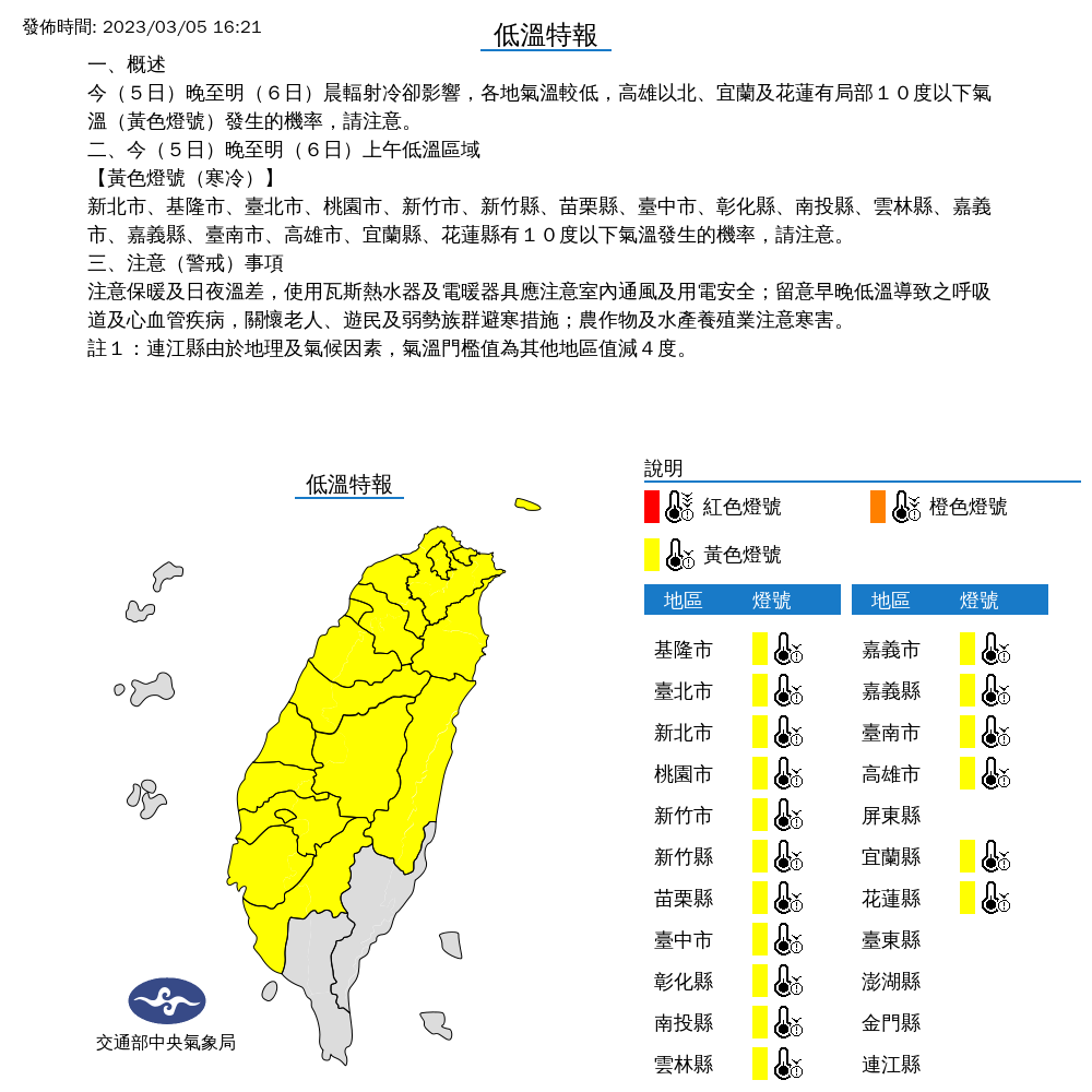 氣象局針對17縣市發布低溫特報。(氣象局提供)